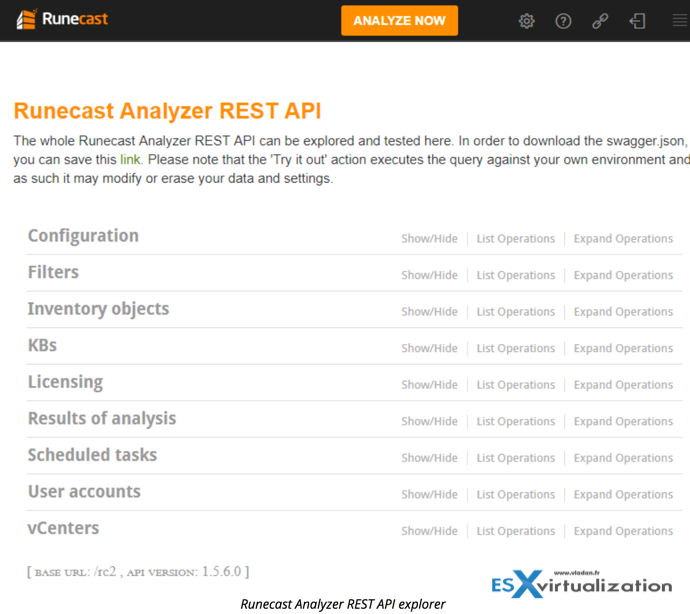 The Runecast API reference link displays the available API endpoints you can interact with