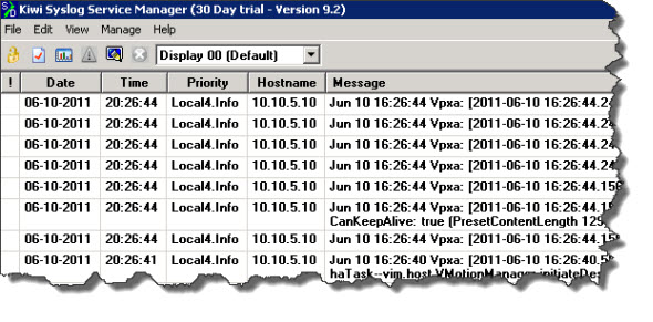 And here are the syslog messages comming to the Free Kiwi Syslog Server