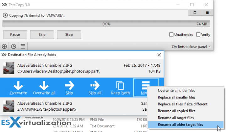 TeraCopy 3 - The Destination file already exists prompt