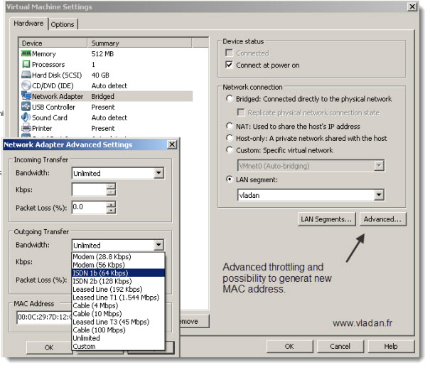 VMware Workstation 8 - Throtling advanced and generating new MAC address