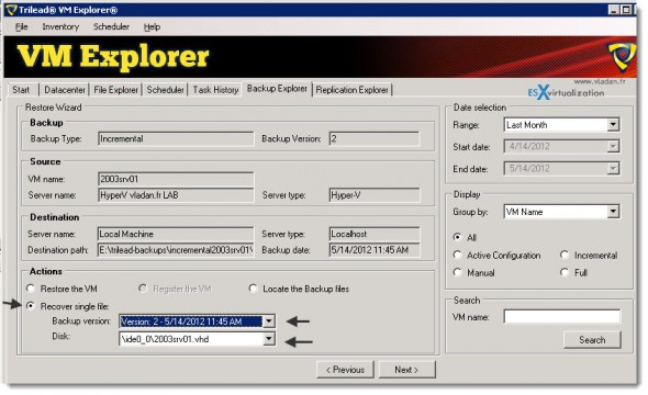 Trilead VM Explorer 4.0 - Restoring Possibilities - Single file restore or Full VM restore