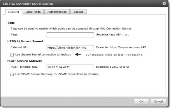 VMware View - deactivating the Use secure tunnel connection to desktop