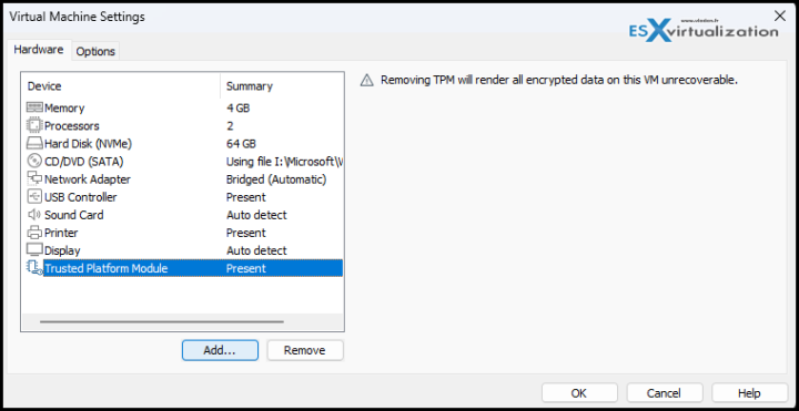 VMware Workstation VM Settings and vTPM