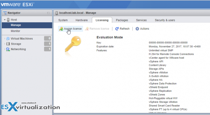 VMware ESXi Free license before applying permanent license