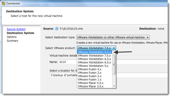 VMware converter 5 and as a destination of the conversion can be a VMware Workstation 8