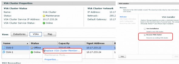 VSA cluster handles failover reconfiguration