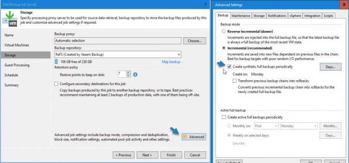 Veeam Advanced Backup Job settings for ReFS