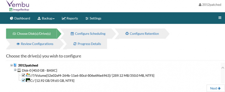 Vembu Image Backup - Chose a volume to backup