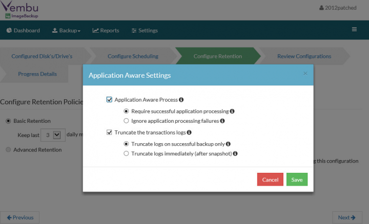 Vembu ImageBackup - Application Aware Settings