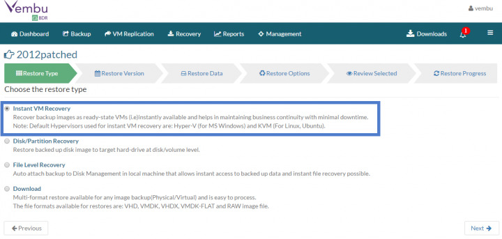 Vembu ImageBackup - Instant VM Recovery