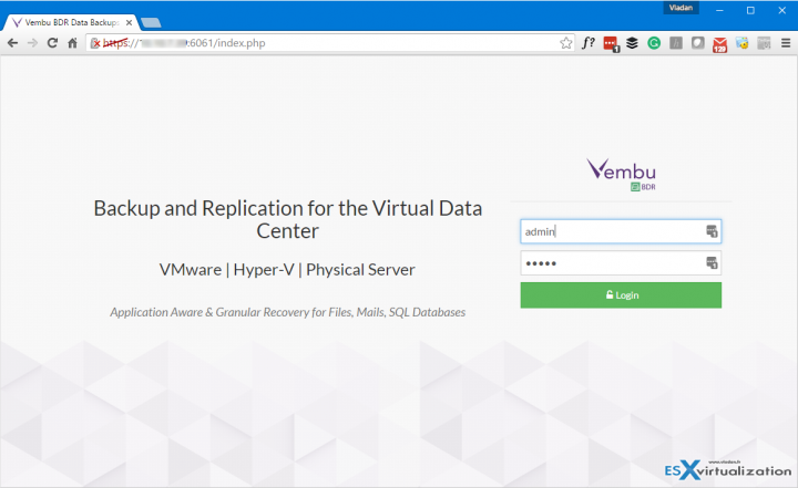 Vembu VM Backup Login Screen