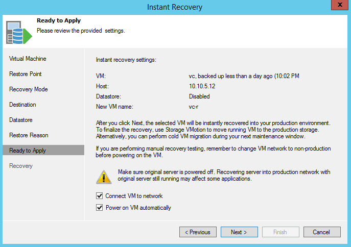 How to restore vCenter server VM with Veeam Instant Recovery