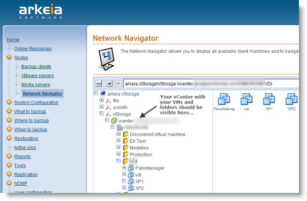 Arkeia backup showin vSphere infrastructure