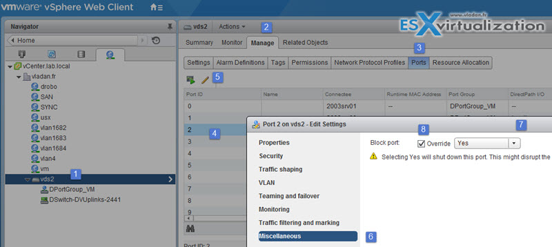 Individual vDS or uplink ports can be blocked 