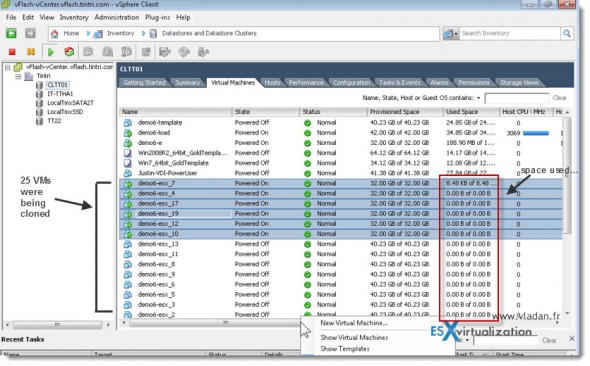 Tintri - VMstore - clonning operations finishes real fast - and the VM uses no space. The first VM uses some space, because we loged in