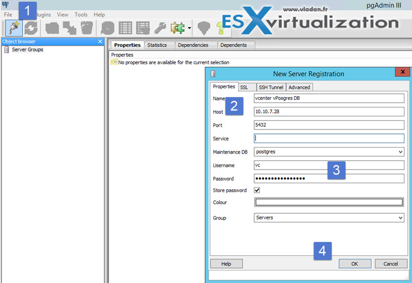 PgAdmin Connection to vCenter 6 Database vPostgres