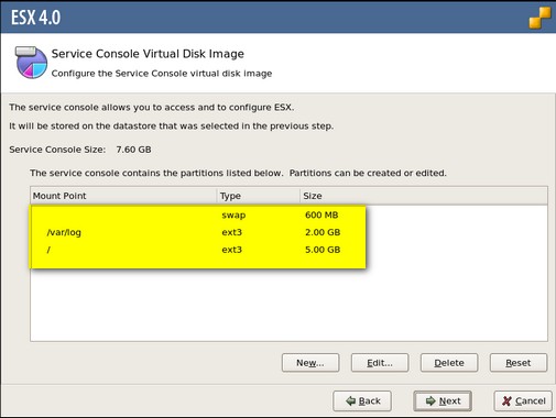 default partitions ESX4 installation