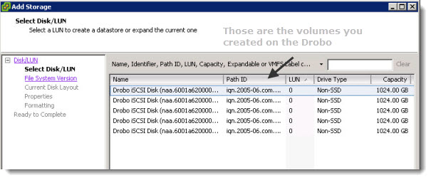 iSCSI connection from ESXi 5 to Drob Elite/b800i - creating datastore