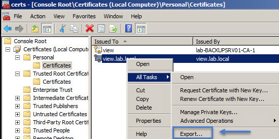 Export certificate to import it into Trusted root certificate store