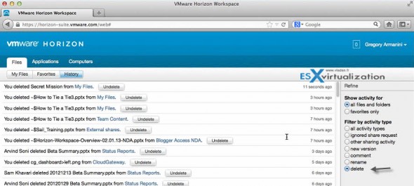 VMware Horizon Workspace - user file view - filter delete operations