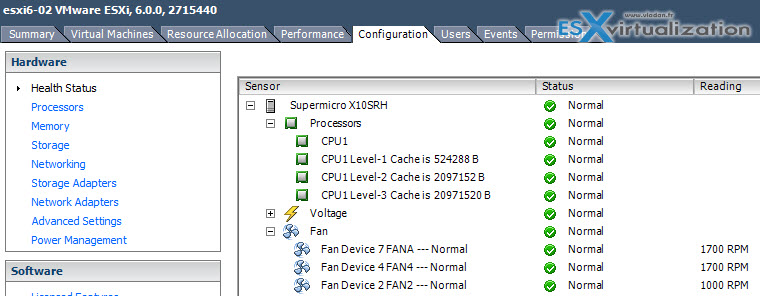 Health Status option available in Configuration tab when connected to the ESX host directly