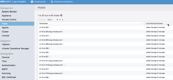 Log Insight 2.5 - hosts view