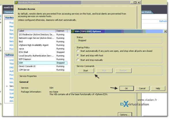 how to activate ssh in esxi - start service and choose your option