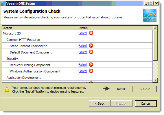 Installation VeeamOne version 6 has new Check possiblity for missing features of Windows Server 2008