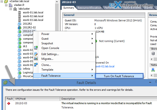 The virtual machine is running in a monitor mode that is incompatible for Fault Tolerance