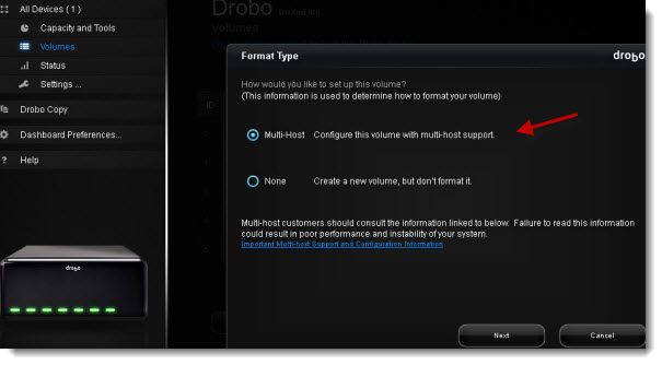 Creating a volume for multi host environment - Drobo