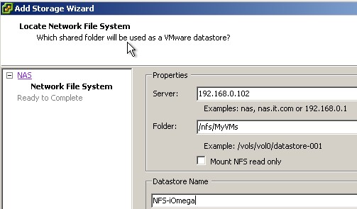 Configuration iOmega iX2 NFS shared Storage for ESX Server