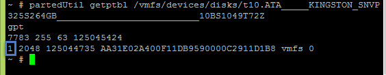 partedUtil getptbl shows partition number
