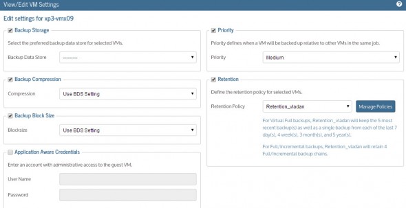 Unitrends Virtual Backup - Per VM Settings