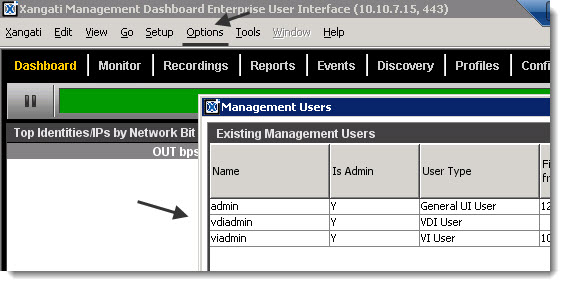 Xangati Management Dashboard - preconfigured users for 3 different dashboards