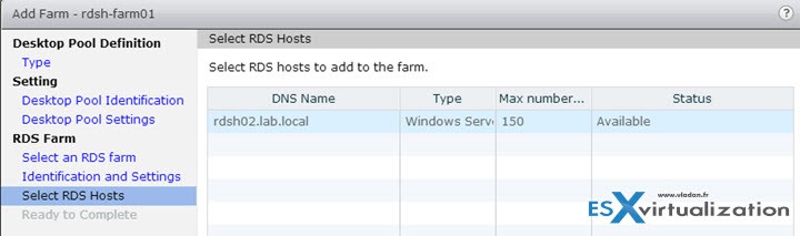 VMware View Configure RDSH Destkop Pool