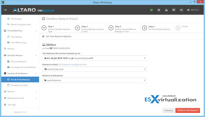 Altaro Verification of Backup by Restore to Sandbox