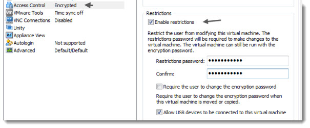 VMware Workstation 9 - possibility to restrict access to modifying configuration of encrypted VMs