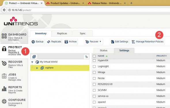Unitrends Virtual Backup - manage retention policies