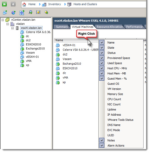 Right Click in VI client to configure what you want to see