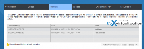 VDP appliance rollback options