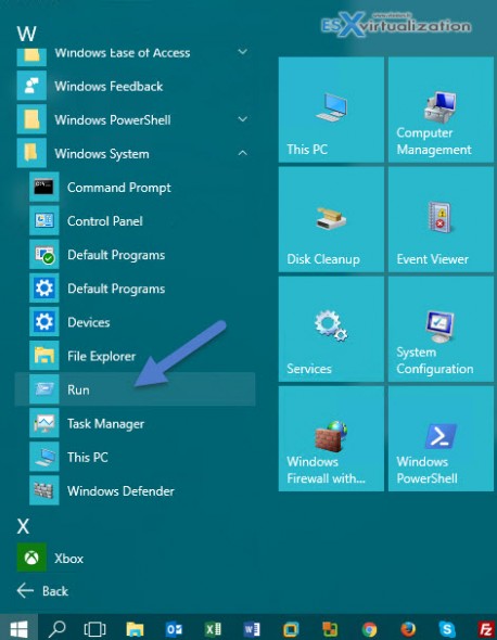 How to get the Run command on start menu in Windows 10
