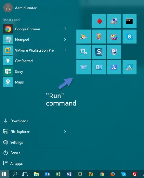How to get Run command to a start menu Windows 10