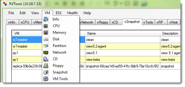 RVTools - It's a tiny .NET application (4 Mb msi package) which installs in seconds and which offers an inventory of your virtual infrastructure running VMware vSphere