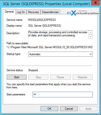 How to reset lost sa password in SQL express - ESX Virtualization