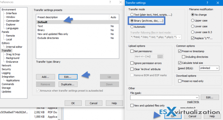 WinSCP Transfer Settings - Binary