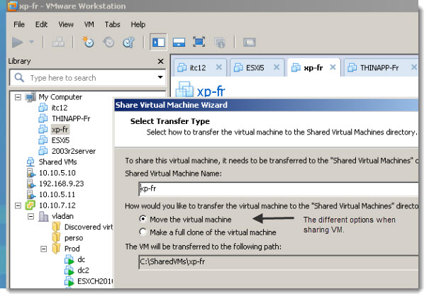 VMware Workstation 8 - share VMs - new wizard