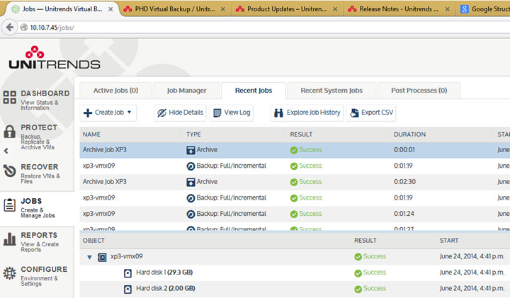 Unitrends Virtual Backup Console UI