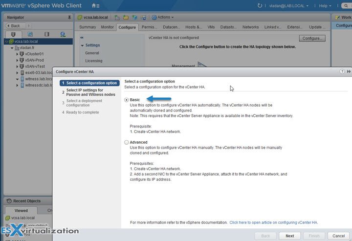 How to configure vCenter HA with Basic Option