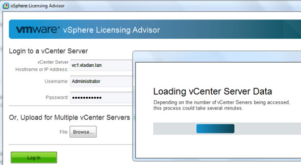 VMware vSphere Licensing advisor tool - Login screen
