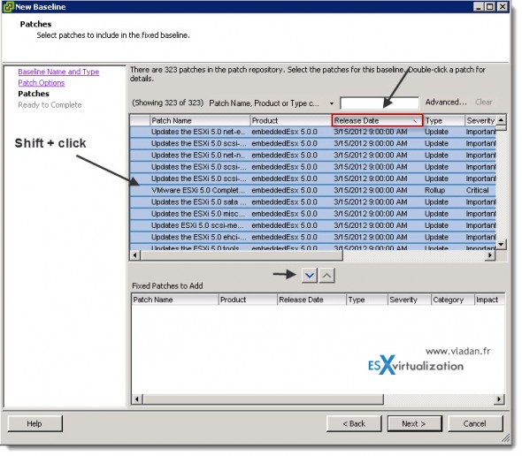 How to select patches to be part of a baseline in vSphere Update Manager